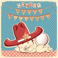 Cowboy happy birthday card with little baby in big western sheri Royalty Free Stock Photo