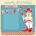 Cowboy happy birthday card with little baby sitting in cowboy bo