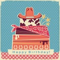 Cowboy happy birthday party card background with cake and cowboy Royalty Free Stock Photo