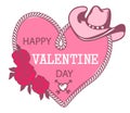 Cowboy Happy Valentine day. Country Farm with Cowboy hat and text rope heart decoration. Pink vector illustration background Royalty Free Stock Photo