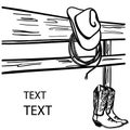 Cowboy hat and boots on country fence. Rodeo Cowboy`s clothes. Vector Western graphic image background for text