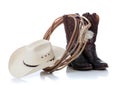 Cowboy hat, boots and lariat on white Royalty Free Stock Photo