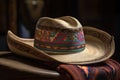 cowboy hat with colorful band and intricate design, tied to a horse's saddle Royalty Free Stock Photo