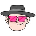 The cowboy hat detective guy with the cool red glasses. carton emoticon. doodle icon drawing