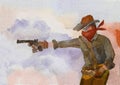 A cowboy in a hat fires a pistol against the backdrop of a smoky Royalty Free Stock Photo