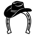 Cowboy hat and horseshoe symbol black silhouette. Vector illustration cowboy stuff for Rodeo isolated on white for design