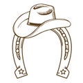 Cowboy hat and horseshoe symbol. Vector illustration cowboy stuff for Rodeo isolated on white Royalty Free Stock Photo