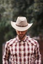Cowboy, hat and man for fashion, farmer and clothes for western and ranch in Texas for rodeo on mockup. Young person and Royalty Free Stock Photo