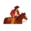 Cowboy in hat rides horseback. Western horseman holds snaffle, rider walking by horse. American wild west equestrian