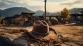 A cowboy hat and rope hanging on a peg in a cabin. Generative AI. Royalty Free Stock Photo