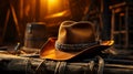 A cowboy hat and rope hanging on a peg in a cabin. Generative AI. Royalty Free Stock Photo