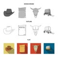 Cowboy hat, is searched, cart, bull`s skull. Wild West set collection icons in flat,outline,monochrome style vector Royalty Free Stock Photo