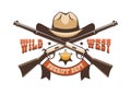 Cowboy hat, sheriff star and crossed rifles - wild west retro logo