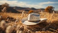 Cowboy hat, straw hat, sunset men and women relax outdoors generated by AI Royalty Free Stock Photo