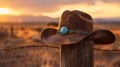 Cowboy Hat on Wooden Post at Sunset