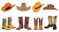 Cowboy hats and boots. Isolated boot, cowgirl fashion decorative accessories and shoes. Wild west elements design Royalty Free Stock Photo