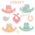 Cowboy hats isolated on white. Vector set of wild west cowboy hats and cowgirl hats in sweet tender colors for design