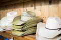 Cowboy hats on a wooden shelf in a store Royalty Free Stock Photo