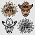 Cowboy head and chief head. Set of vector objects or design elements in two styles black and colorful Royalty Free Stock Photo