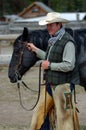 Cowboy Holding Blue Roan Horse