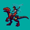 Cowboy Holding the Lasso Rope Riding Raptor Mascot Illustration