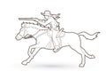 Cowboy on horse, aiming rifle outline graphic vector