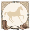 Cowboy horse equine riding tack tool in the western leather belt frame.