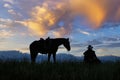 Cowboy and horse silouette at first light Royalty Free Stock Photo