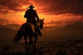 Cowboy on horse at sunset in the American West horseback at sunset Generative AI Royalty Free Stock Photo