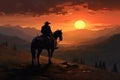 Cowboy on horse at sunset in the American West horseback at sunset Generative AI Royalty Free Stock Photo