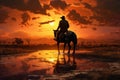 Cowboy on horse at sunset in the American West horseback at sunset Generative AI Royalty Free Stock Photo