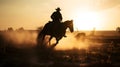 Cowboy on horse at sunset in the American West, illustration ai generative Royalty Free Stock Photo