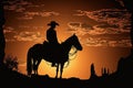 Cowboy on horse and sunset silhouette. AI Generated Royalty Free Stock Photo