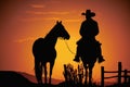 Cowboy on horse and sunset silhouette. AI Generated Royalty Free Stock Photo