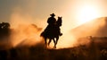 Cowboy on horse at sunset in the Wild, illustration ai generative Royalty Free Stock Photo