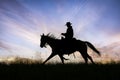 Cowboy on horseback at dawn silhouette Royalty Free Stock Photo