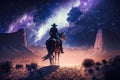 Cowboy on horseback in desert with milky way and stars