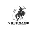 Cowboy on horseback in lasso, western and rodeo, logo design. Wild west, ranch, cattle breeding and animal husbandry, vector desig Royalty Free Stock Photo