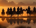 Cowboy on horseback at sunset.Silhouettes of men on horses Royalty Free Stock Photo