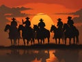 Cowboy on horseback at sunset.Silhouettes of men on horses Royalty Free Stock Photo