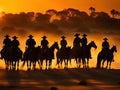 Cowboy on horseback at sunset.Silhouettes of men on horses Royalty Free Stock Photo