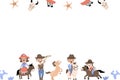 cowboy kids party cartoon background with boys and girls