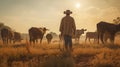 Cowboy leading cattle in a field at sunrise, a farmer's early morning. Generative AI