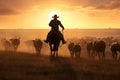 Cowboy leading a herd of cattle across a wide-open prairie. Generative AI Royalty Free Stock Photo