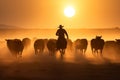 Cowboy leading a herd of cattle across a wide-open prairie. Generative AI