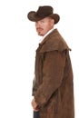 Cowboy leather duster look back serious Royalty Free Stock Photo