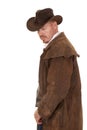 Cowboy leather duster look down side