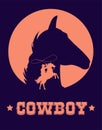 cowboy lettering in wild west poster with cowboy lassoing and horse head