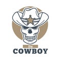 Cowboy logo skull in sheriff hat isolated on white background.