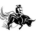 cowboy man riding a bull at a rodeo bull riding black and white silhouette Royalty Free Stock Photo